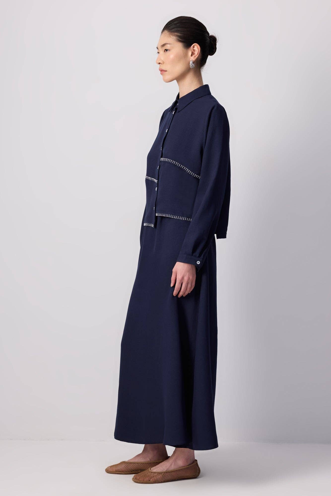 Navy Blue MODEST SHIRT & MAXI SKIRT SET WITH CONTRAST STITCHING for wholesale on Faire2
