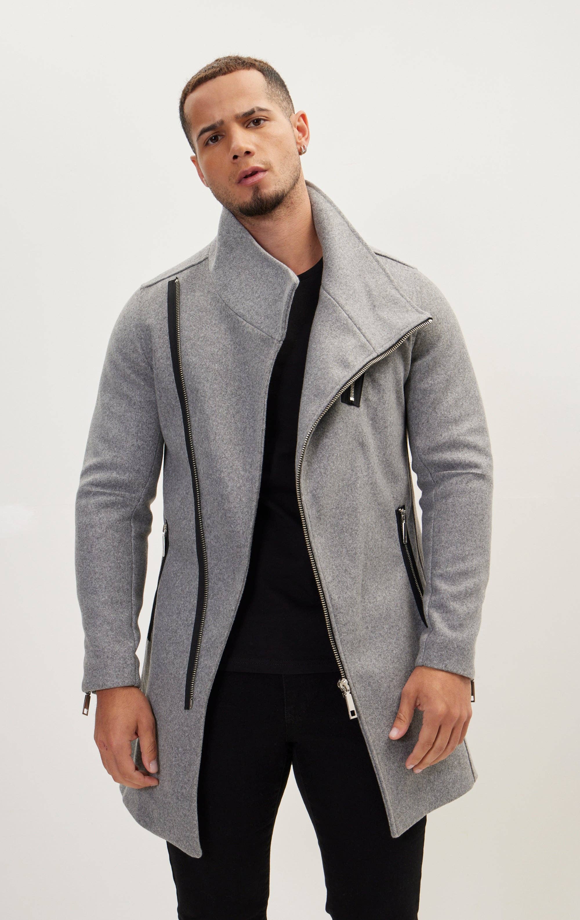 Men's Asymmetrical Zipper Closure Coat - Grey for wholesale on Faire0