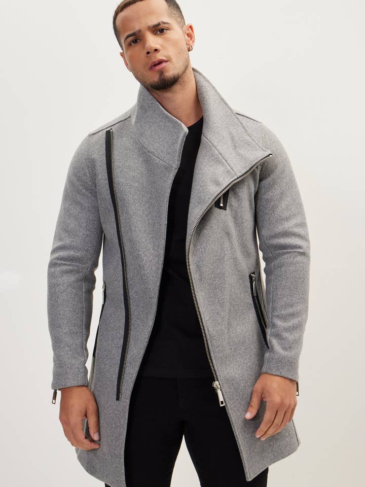 Men's Asymmetrical Zipper Closure Coat - Grey for wholesale by Ron Tomson