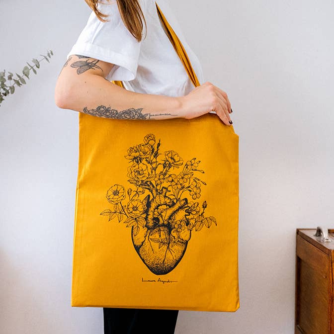 Lalauri - Vente Tote bag – femme - Sac fourre-tout couleur curcuma avec impression sérigraphique1