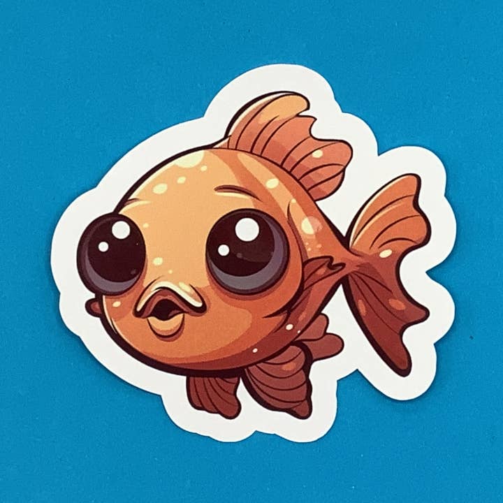 Autocollant imperméable en vinyle Happy the Orange Fish pour la vente par Something Personal