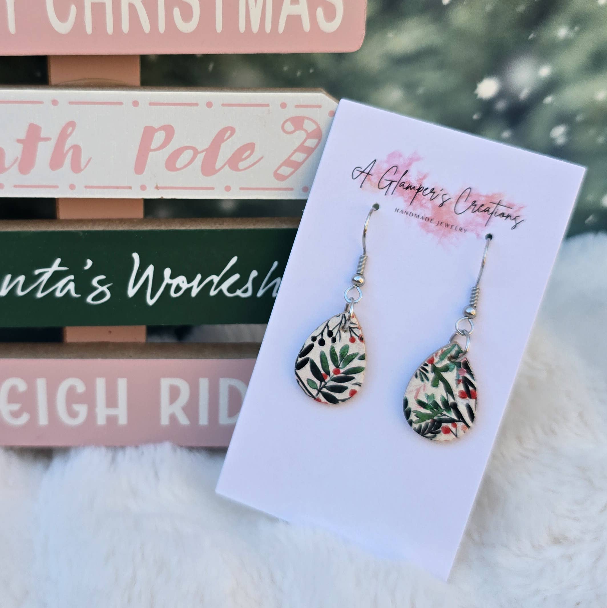 A Glamper's Creations LLC - Wholesale Dangle Earrings - Christmas Holly & Berries MINI Teardrop Leather Earrings2