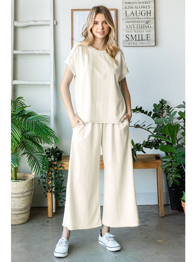 7th Ray - Wholesale Loungeset - Dames - Stevige Getextureerde Korte Mouw Wijde Pijpen Broek Lounge Set TP550413