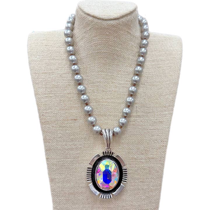 Oval AB Crystal Pendant on Faux Navajo Pearl Necklace for wholesale by Accessories To Go