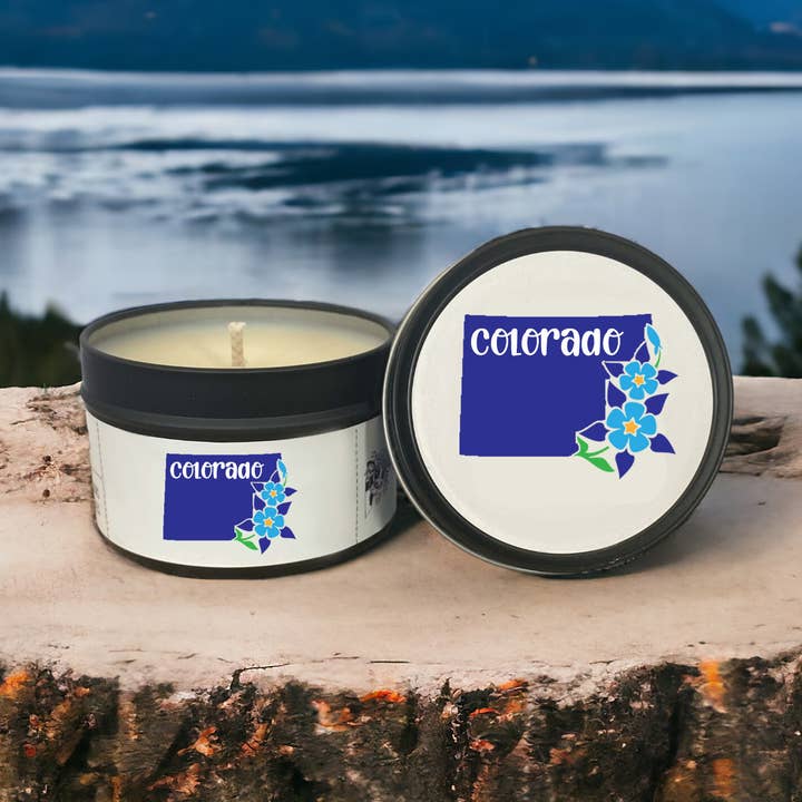 CO Columbine Souvenir Gift Soy Wax Candle Tin for wholesale by Clever Cow Candle Co