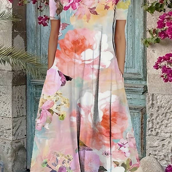 A-Line Loose Flower Print Pockets Round-Neck Midi Dresses for wholesale by UZ Wholesale Store