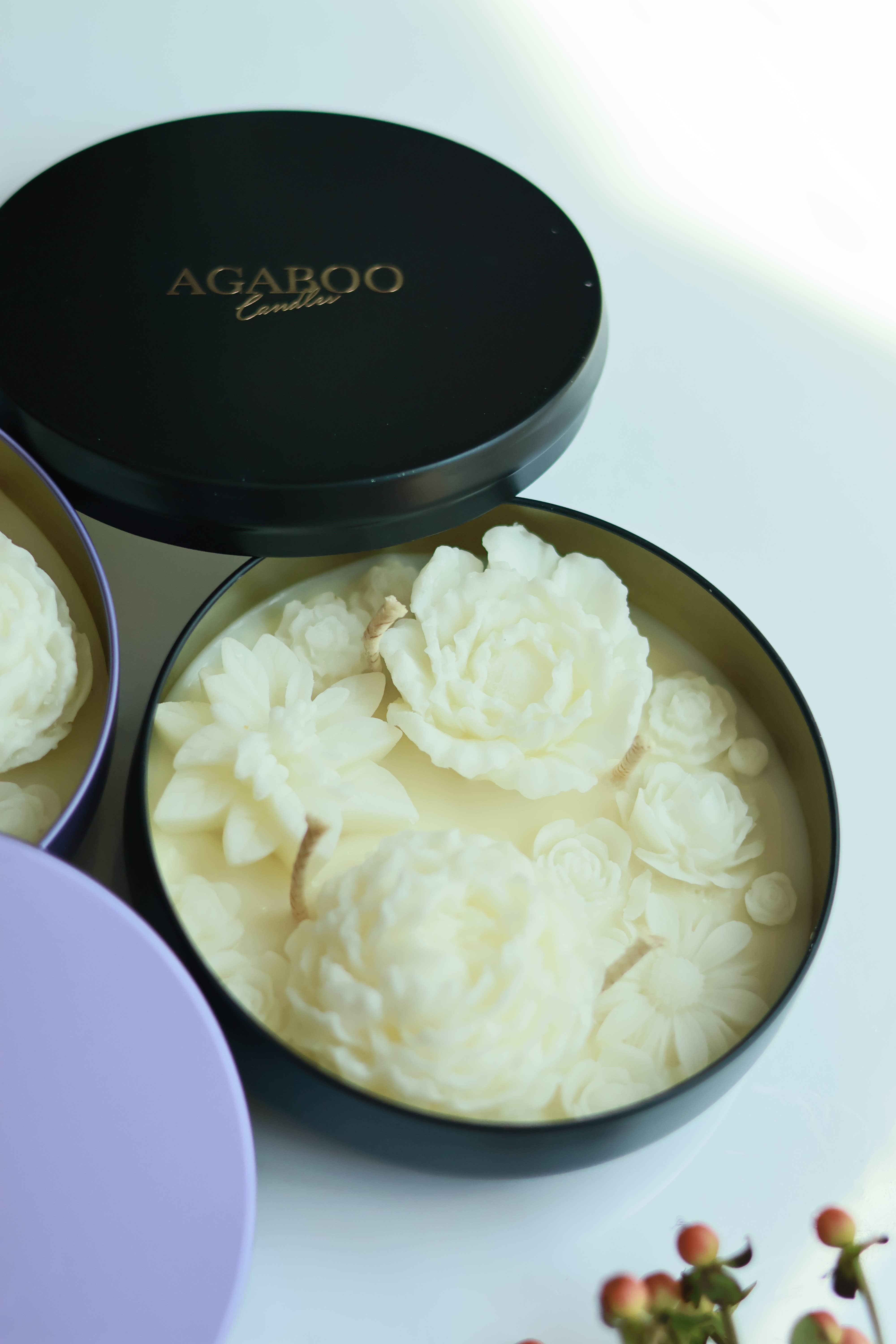 Agaboo Candle – Großhandel Kerze im Glas / gefüllte Kerze – Handgefertigte Flower Blossom Kerze 340 g (12 oz), 2x14 cm – Metallbehälter12