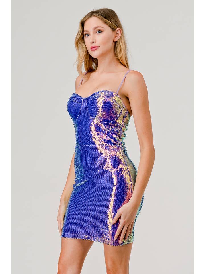 Lovesome - Vente Robe – femme - CD41028 : MINI-ROBE BUSTIER EN IRIS À SEQUINS UNIS6