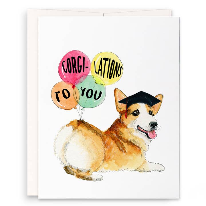 Corgi Grad Balloons - Funny Graduation Card for wholesale by Liyana Studio