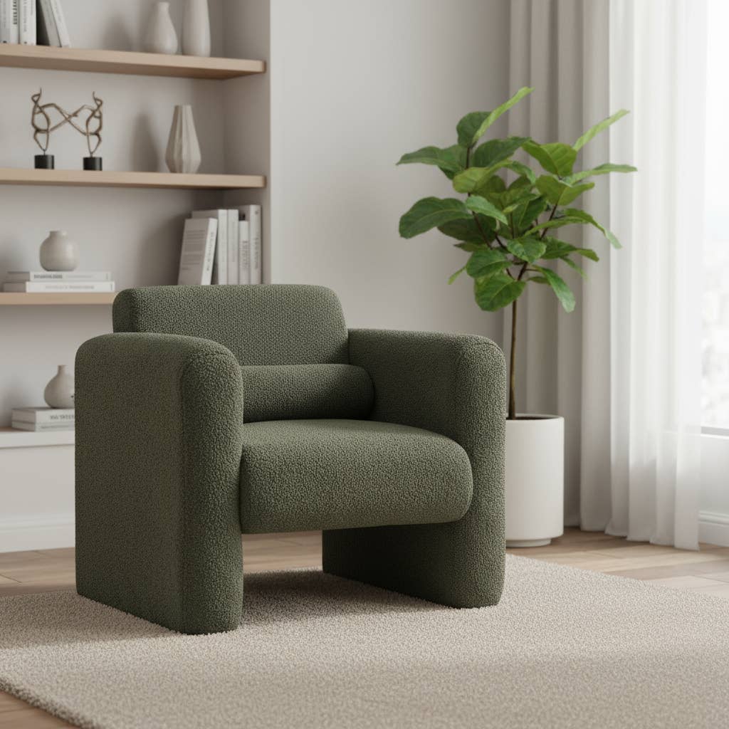 HomeRoots - Vente Chaises - Fauteuil rembourré en bouclé vert olive de 31" avec coussin décoratif1