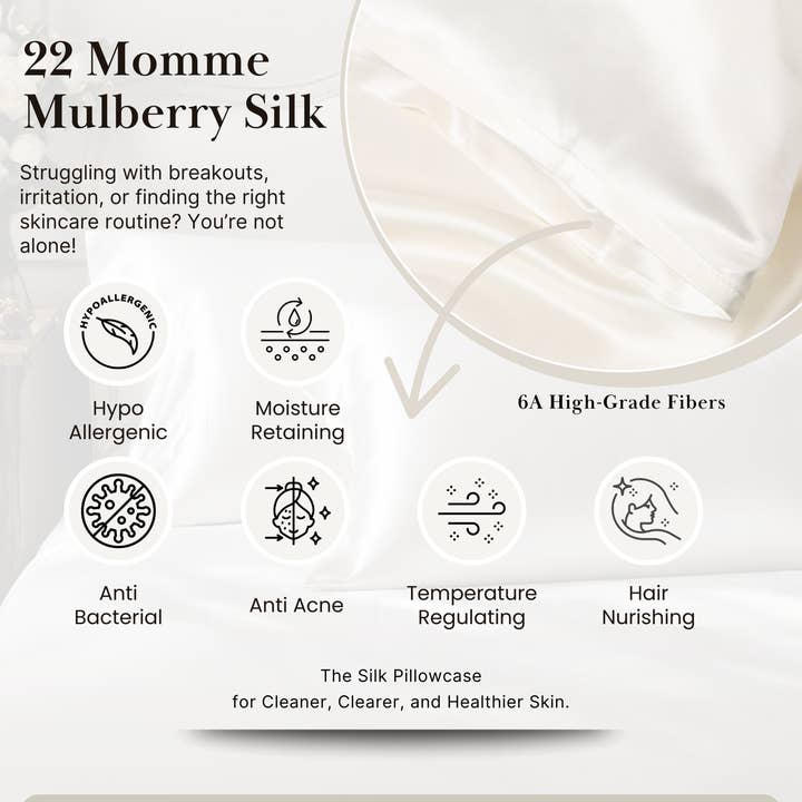 Off White Sillo Silk Pillowcases (Queen)- 2 Pack+ Wash Bag-Anti-Acne for wholesale on Faire7