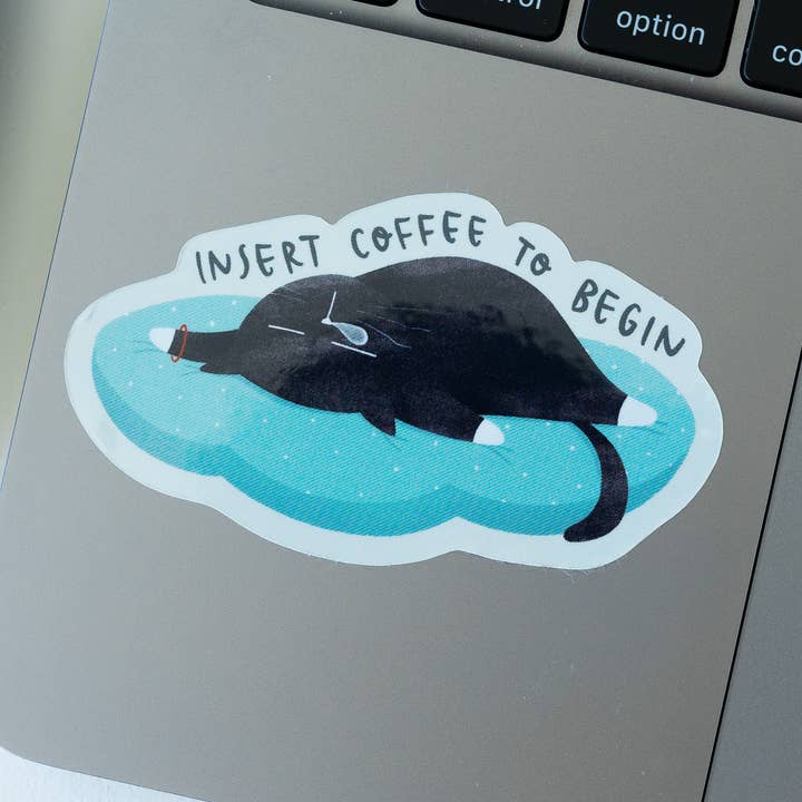 Autocollant imperméable chat noir humoristique « Insert coffee to begin » pour la vente par Moonaries illo