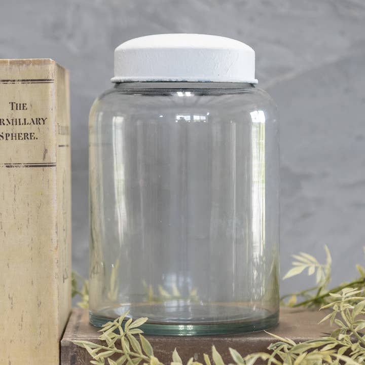 7.5" CLEAR GLASS JAR W/ WHITE LID for wholesale by Ragon House