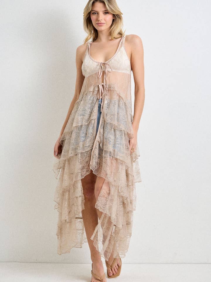 Romantisk blonde flæse lagdelt duster for engroshandel hos Baevely by Wellmade USA