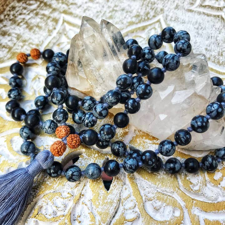 Mala Japa Obsidienne Flocon de Neige pour la vente par Waterlily