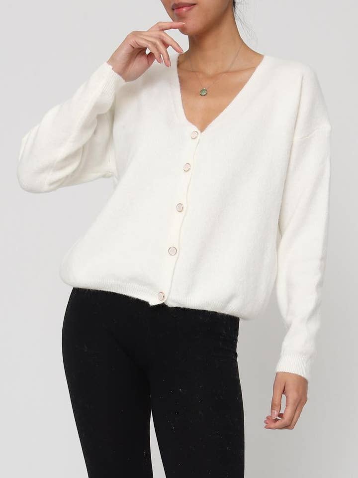 DIX-ONZE - Wholesale Cardigan - Women's - V-Neck Buttoned Cardigan – Relaxed Fit and Soft Finishes0