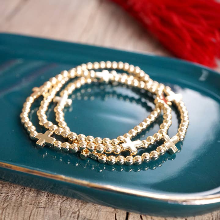 PennyLine inc - Wholesale Beaded Bracelet - Mini Sideways Cross Bracelet Set Ball Beads Gold Tone