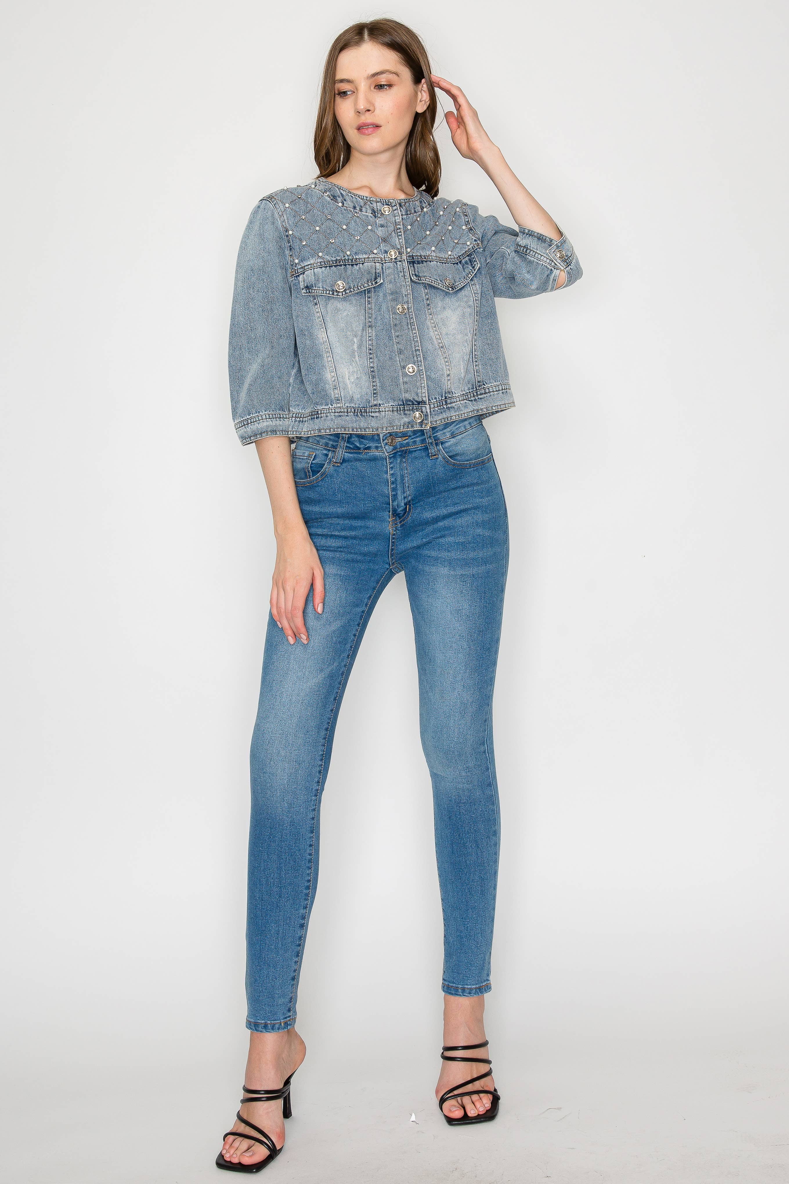 Daphne Denim Jacket with Studs & Pearls for wholesale on Faire4