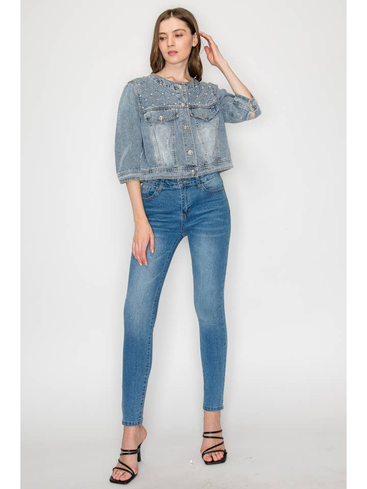 Daphne Denim Jacket with Studs & Pearls for wholesale on Faire4