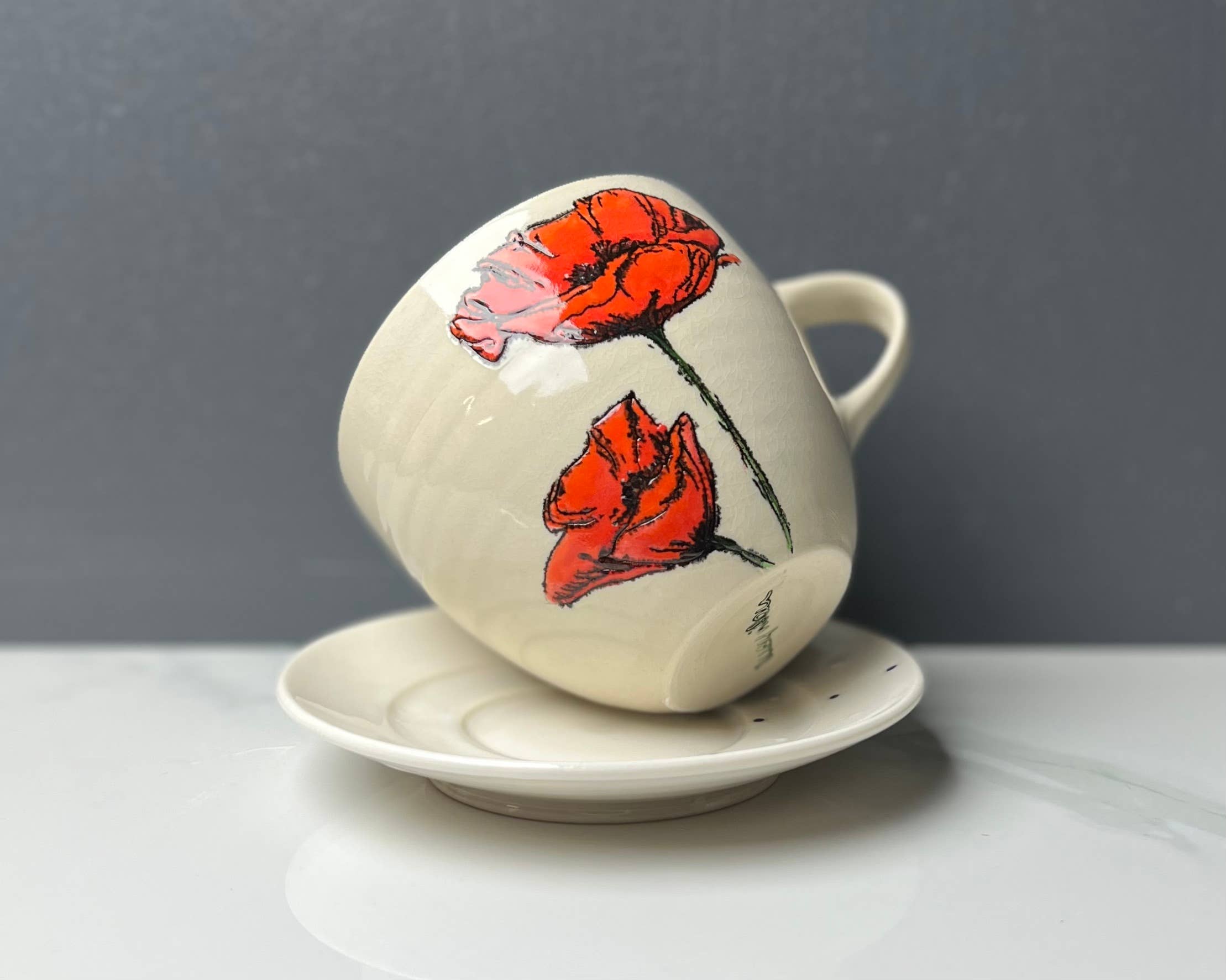 Lucy Nilan Studios - Wholesale Coffee Mug - Poppies Handmade Porcelain Coffee Mug in White5