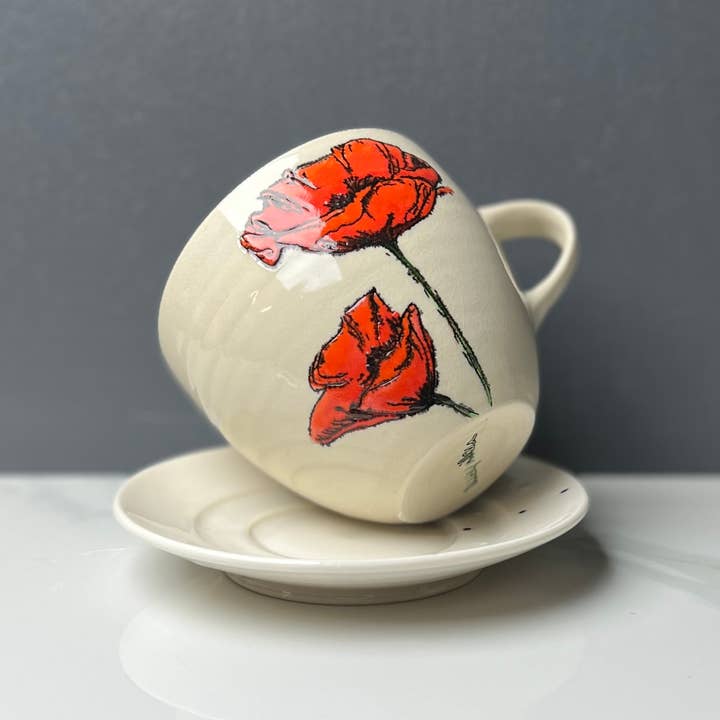 Lucy Nilan Studios - Wholesale Coffee Mug - Poppies Handmade Porcelain Coffee Mug in White5