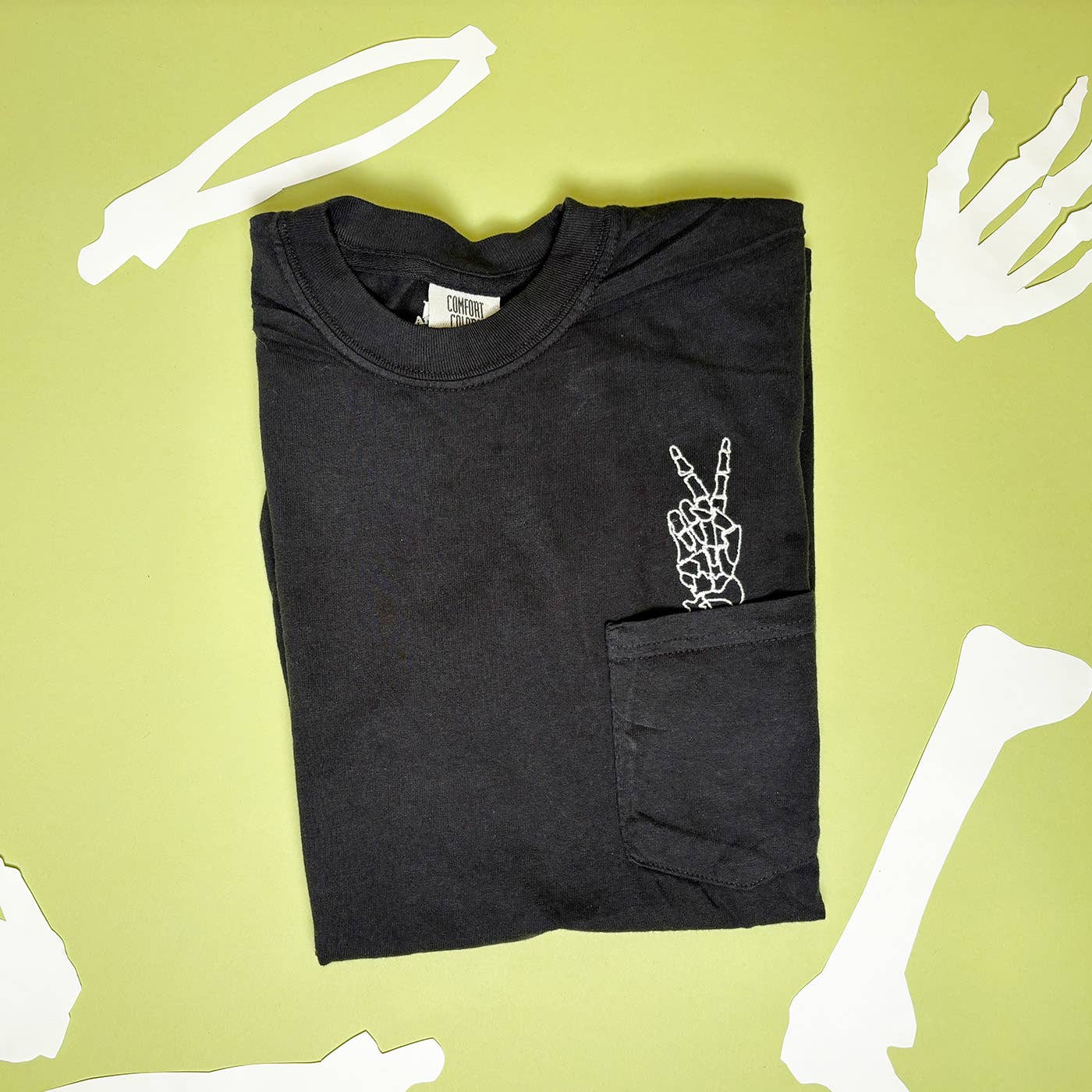 Animal Instincts - Wholesale T-Shirt - Unisex - Unisex Embroidered Skeleton Peace Hand Pocket Tee2