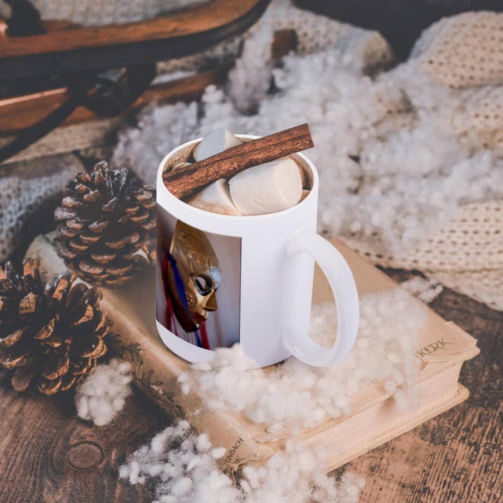 3dRose - Wholesale Coffee mug - 3dRose, A Metal Masquerade Face Mask Hanging on a Wall Shot With Blue and Red Ribbon Hanging on Wall, Mug11