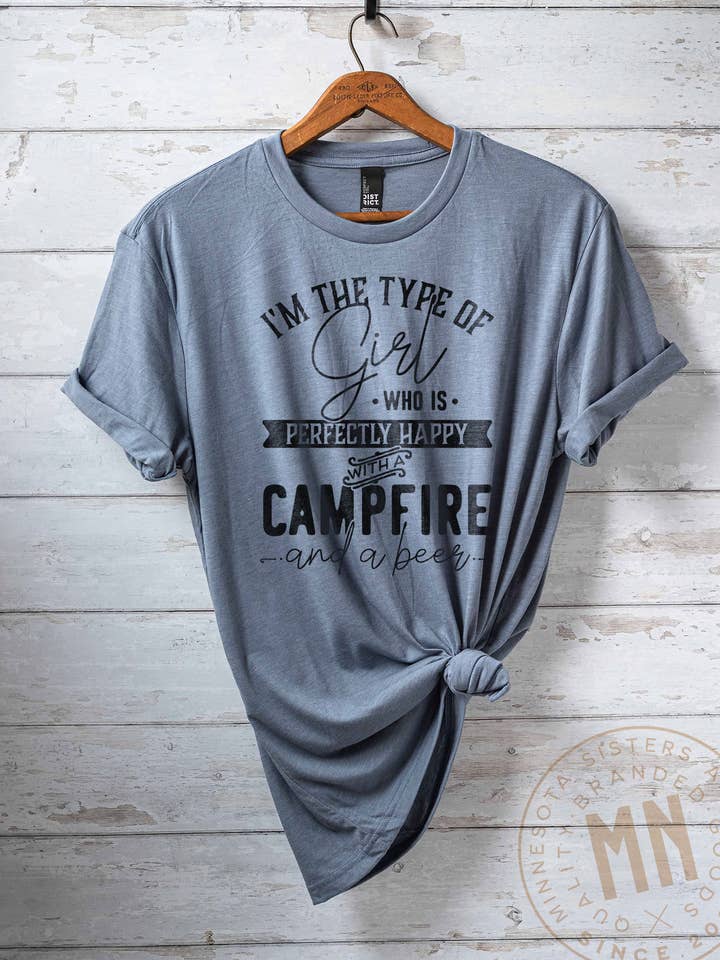 Campfire and a Beer Girl Tee, Outdoor Graphic Shirt for wholesale by Minnesota Sisters