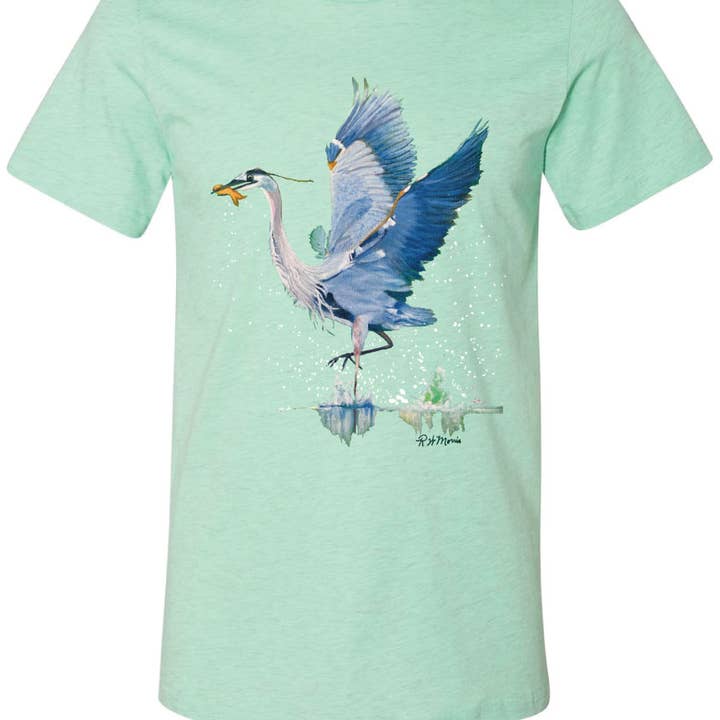 Camiseta RWM Great Blue Heron con estampado de aves costeras de Luisiana para venta al por mayor de Pink House On River Road