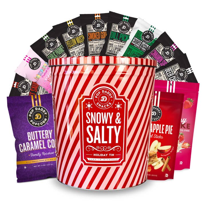 Snowy and Salty Holiday Tin for wholesale by Pop Daddy Snacks