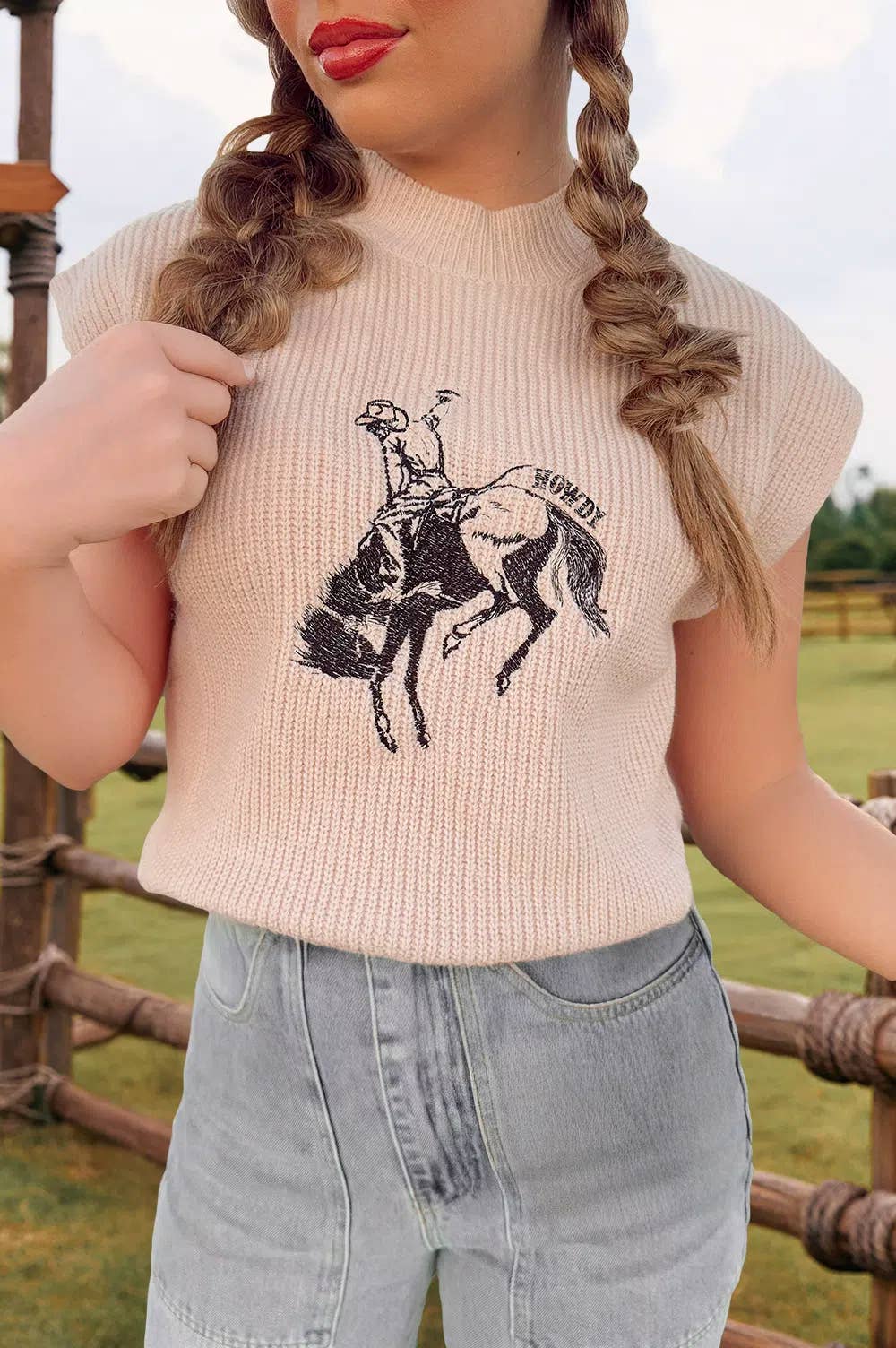 As Shown Western HOWDY Rodeo Cowboy Mock Neck Short Sleeve Sweater for wholesale on Faire4