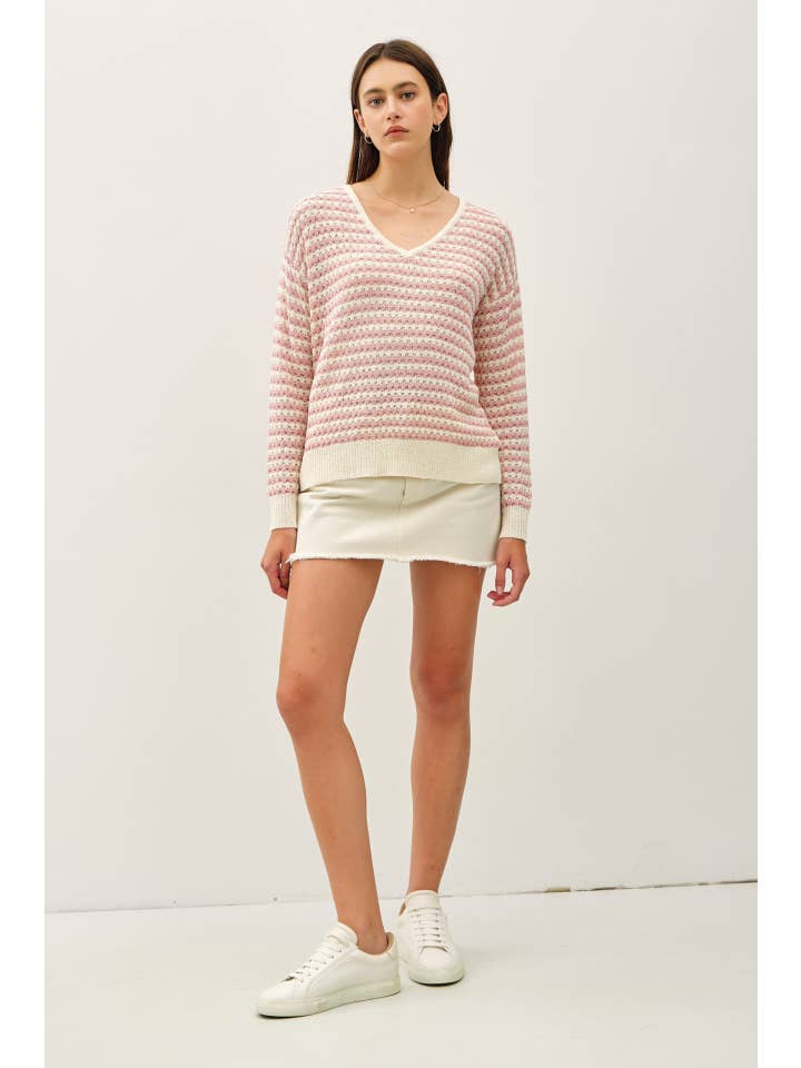 Be Cool - Wholesale Knit Sweater - Women's - LONG SLEEVE STRIPED CROCHET SWEATER