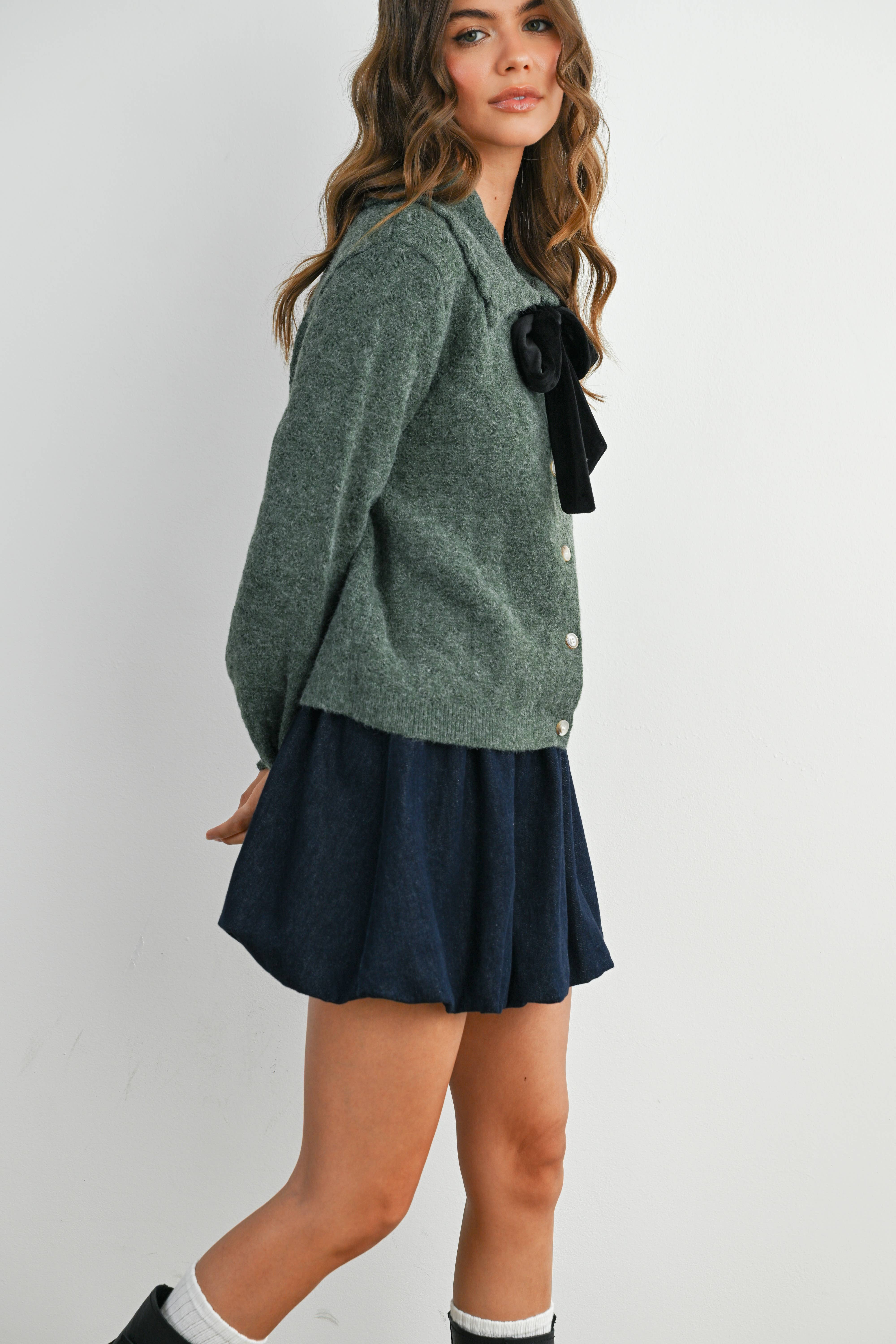 BUTTERMELON - Wholesale Cardigan - Women's - Button-Up Bow Front Collared Long Sleeve Top - BMC77768