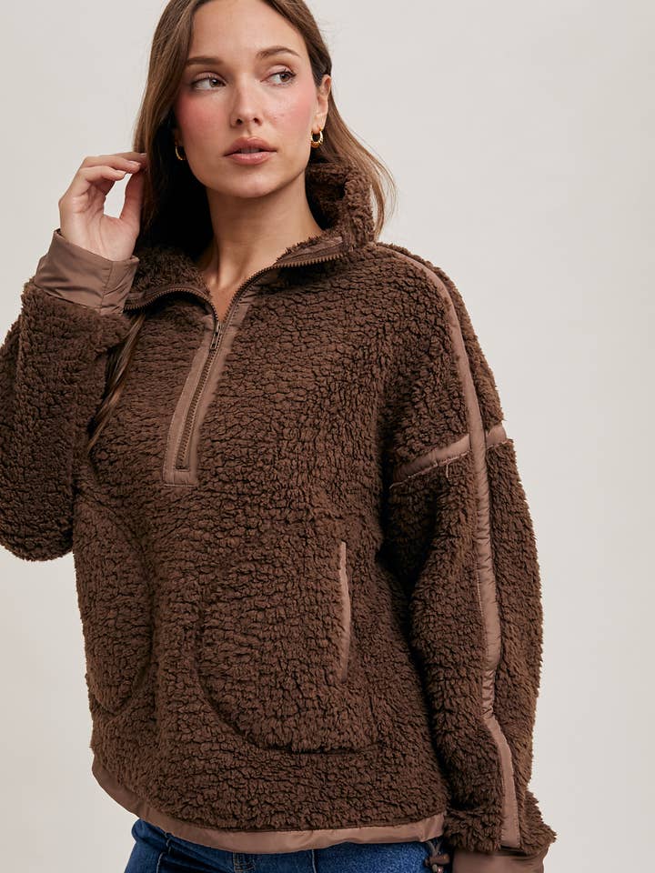Bluivy - Wholesale Outerwear - Maternity - HALF ZIP CONTRAST SHERPA FLEECE TOP WITH POCKETS