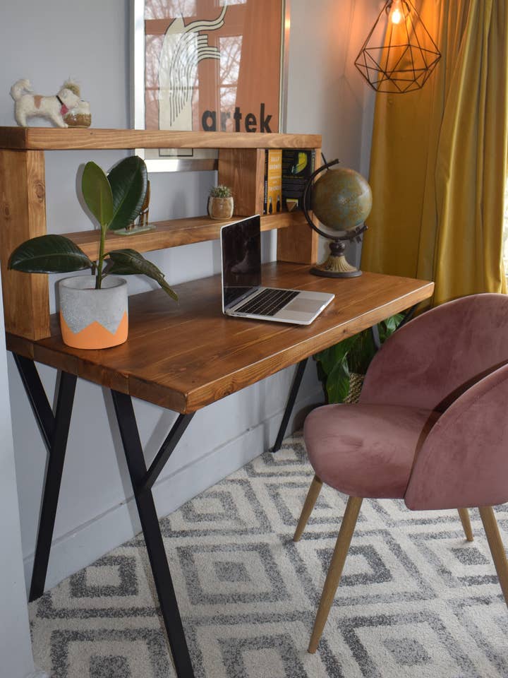 Industrial Redwood Pine Desks with Black P Shape Steel Legs - Mid-Century Modern Home Office Furniture Tall Shelf for wholesale by James's Workshop