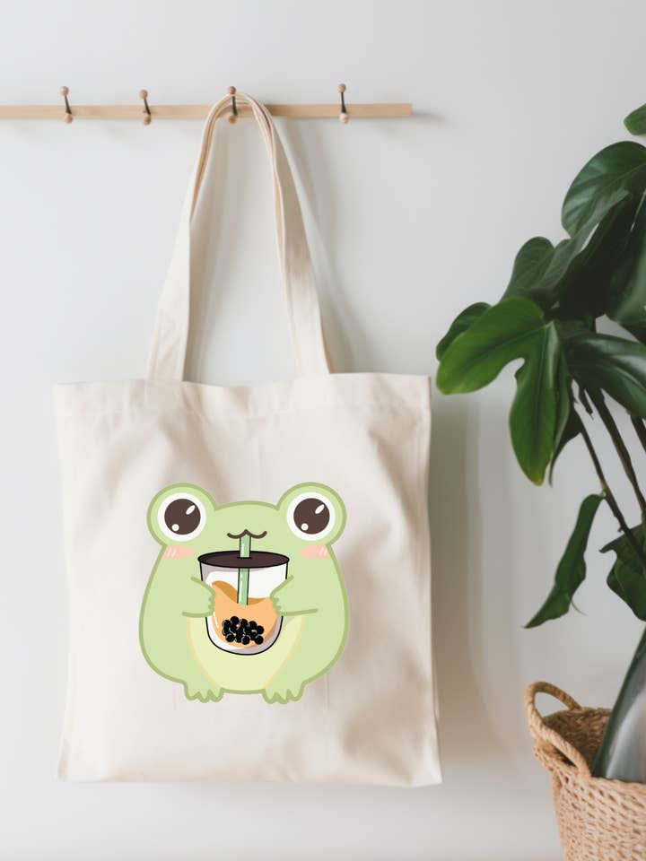 Frog With Boba Small Canvas Tote Bag for wholesale by EnchantingSunshine