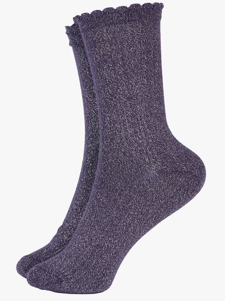 Glitter Ankle Socks in Blue with a Scalloped Cuff for wholesale by Sock Talk