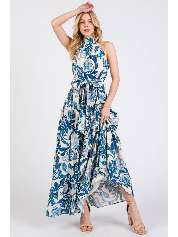 B I G H I T Fashion - Wholesale Dress - Women's - Floral Print Halter Neck Tiered Maxi Dress HD2970-BLUE