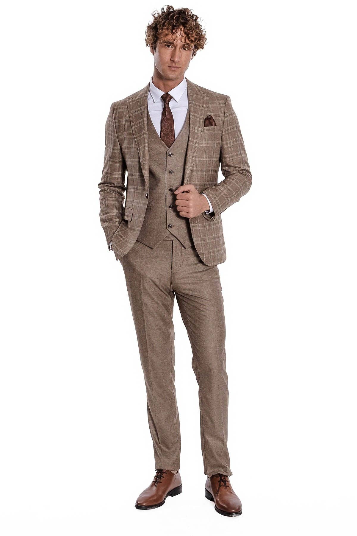 Checked Slim Fit Light Brown Men Suit - Peak Lapel for wholesale on Faire3