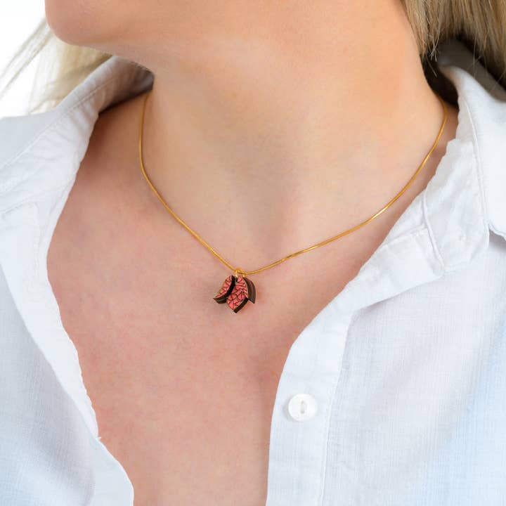 Bougainvillea Reclaimed Wood Necklace for wholesale by paguroupcycle