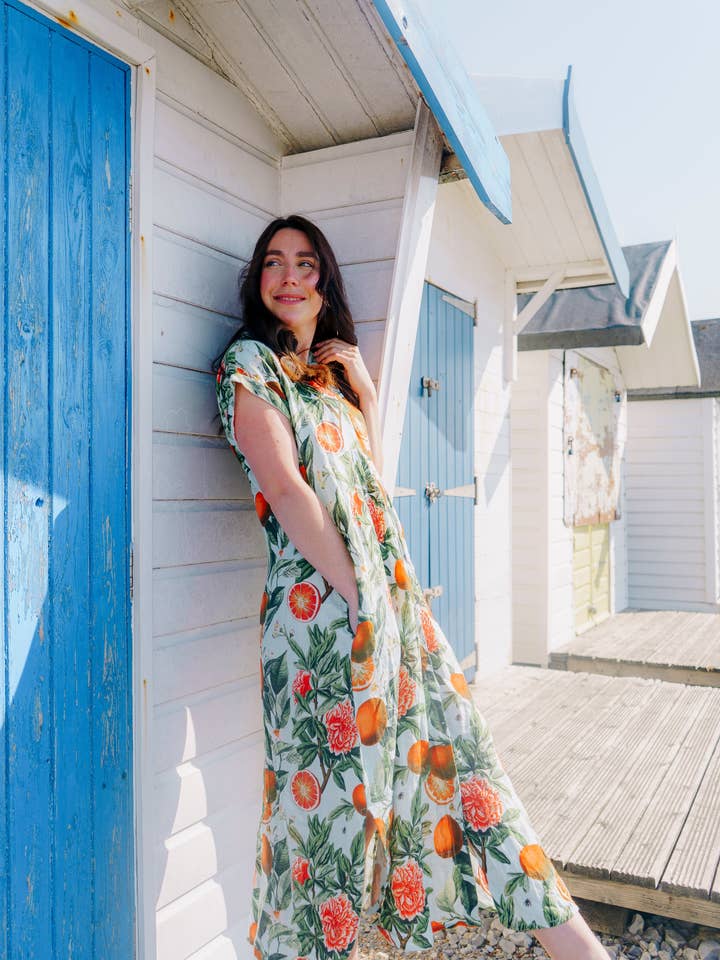 Robe en lin Kate - Orange sanguine bleu pour la vente par Rosehip Design