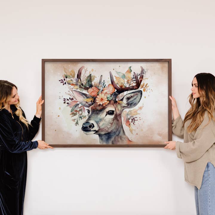 Hangout Home - Wholesale Painting/Drawing - Deer Adorned with Flowers - Framed Animal Painting - Cabin