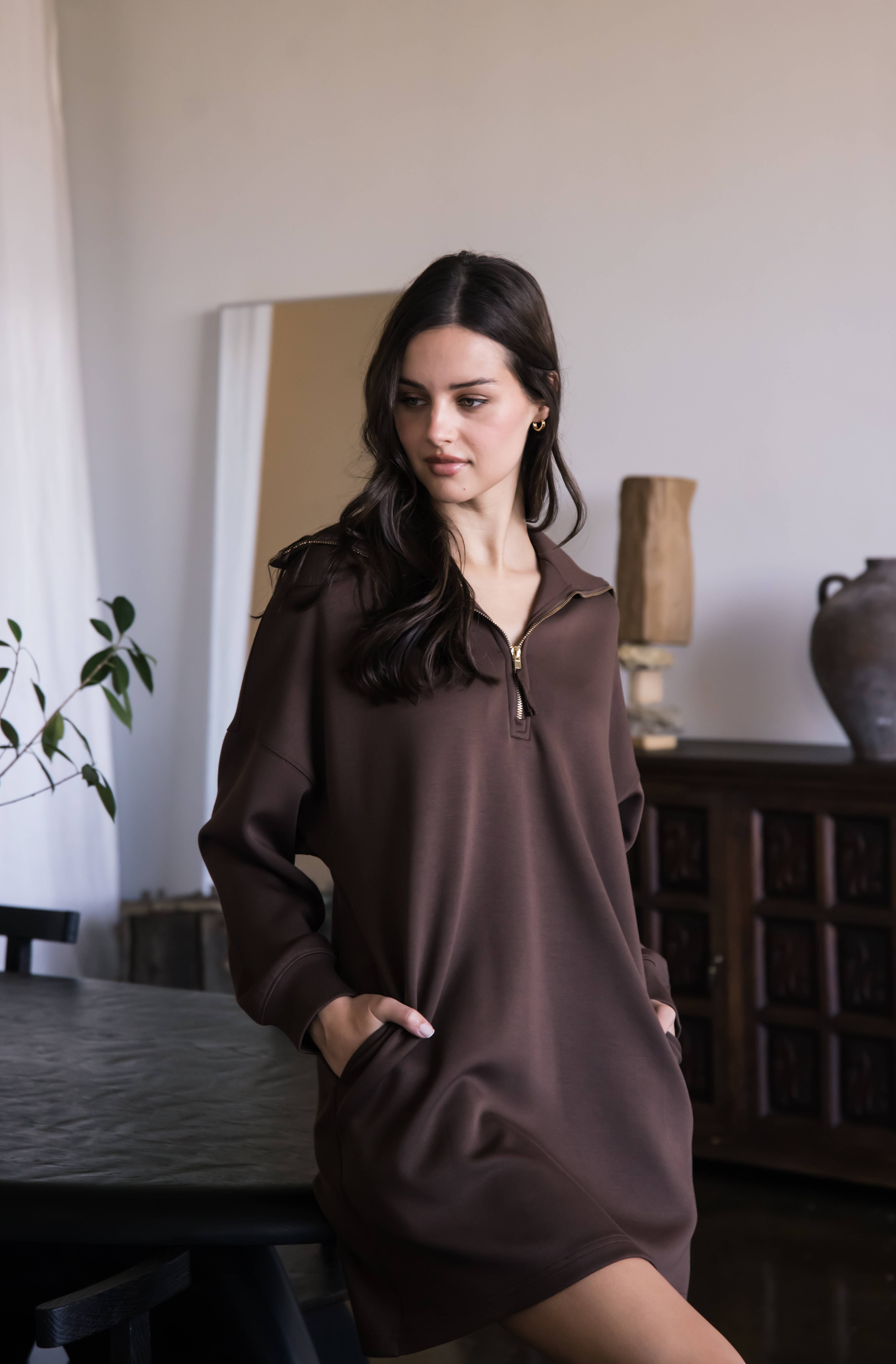 P. CILL - Wholesale Dress - Women's - P. CILL Butter Modal Quarter Zip Up Long Sleeve Dress23