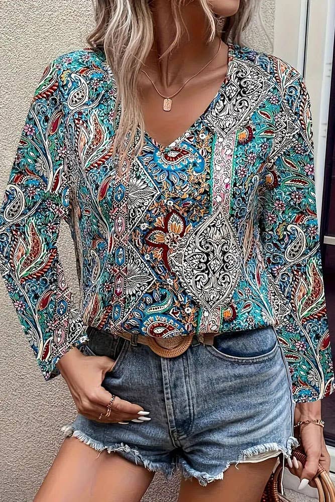 Multi V Neck Long Sleeves Paisley Printed Top ZK1765 for wholesale on Faire1