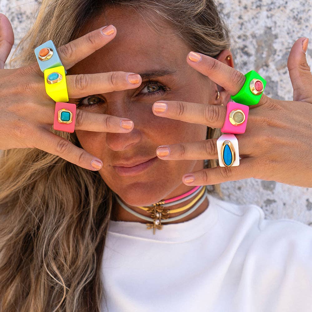 ÉMOLO - Wholesale Cocktail/Statement Ring - Fluor yellow jewelry rings with natural Turquoise stone3