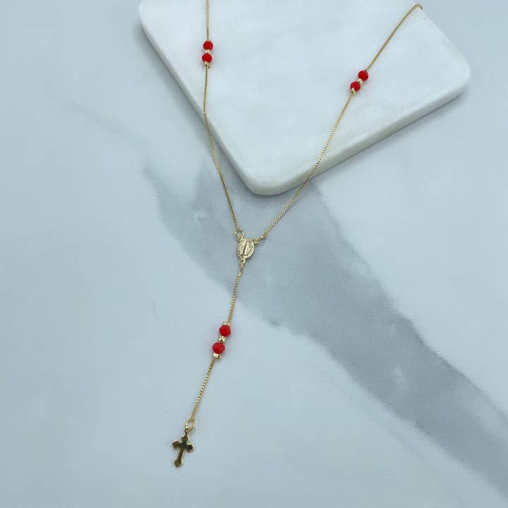 DIJU Jewelry - Wholesale Prayer beads necklace - 18k Gold Filled Box Chain and Red or Aqua Beads Details Rosary, Our Lady of Guadalupe, Wholesale Jewelry Making Supplies2