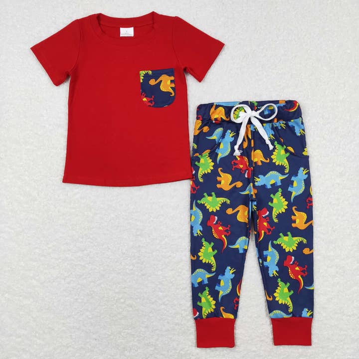 Aier Wholesale - Wholesale Top & Pant Set - Kids - Baby Boys Sibling Rompers Red Dinosaur Pants Clothes Sets