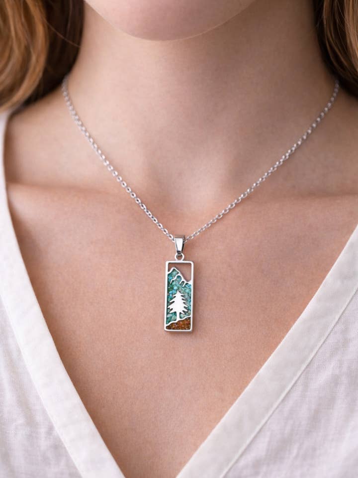 Gemstone Mountain Pine Tree Necklace for wholesale by Alaska Life Designs LLC