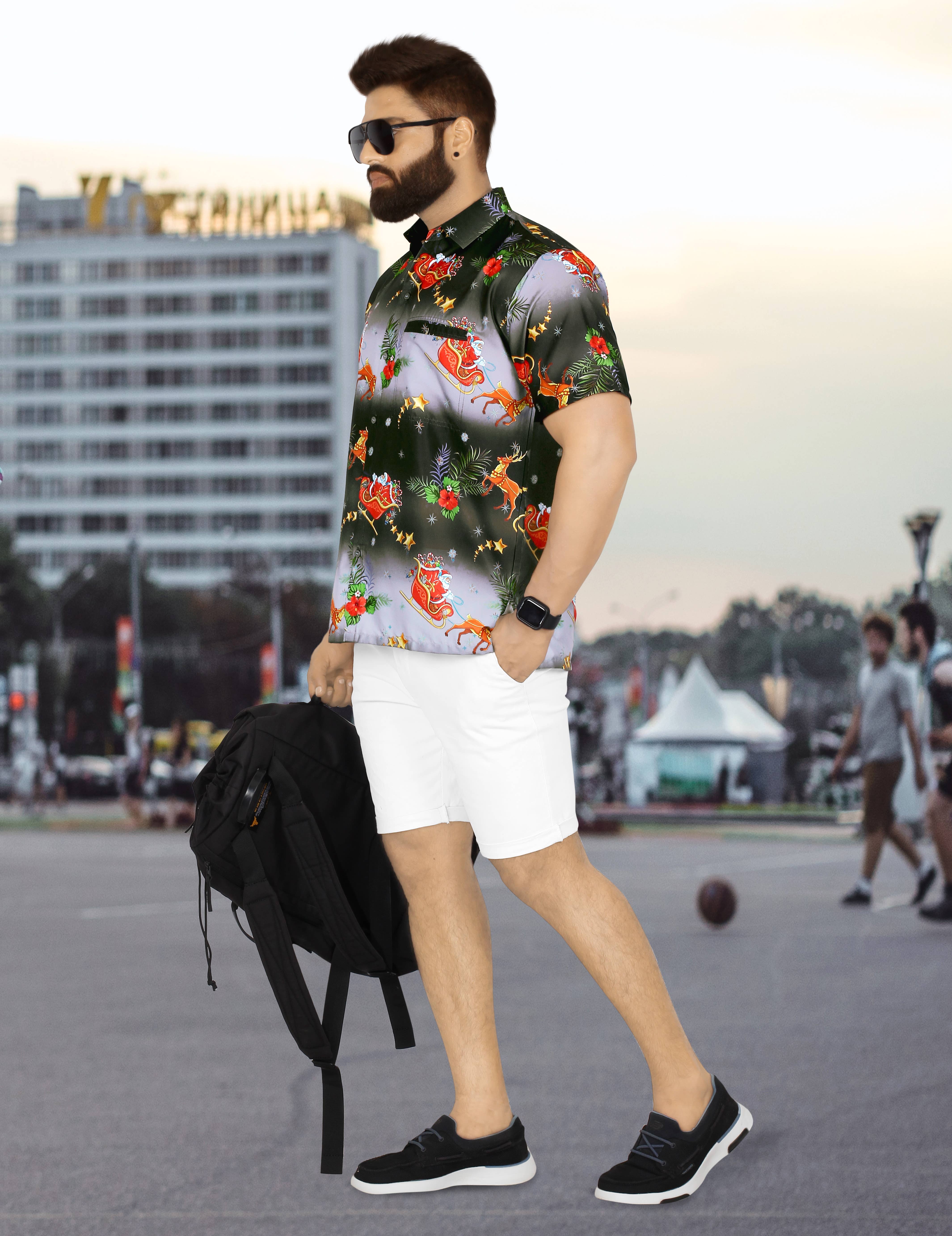 LA LEELA Men's Xmas Santa Printed Shirt Black P00097 for wholesale on Faire1