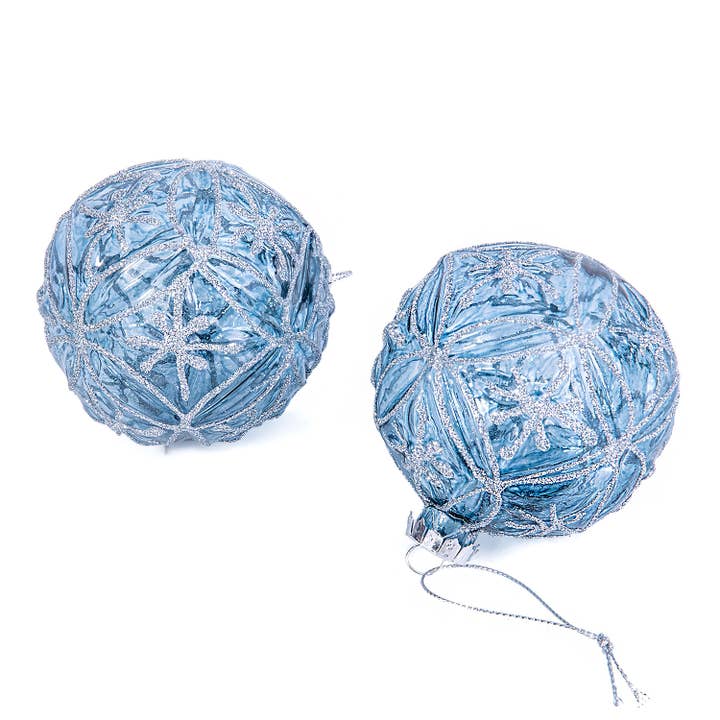 STP - Wholesale Ornament Set - Blue Relief Glass Christmas Tree Ornaments Set of 2